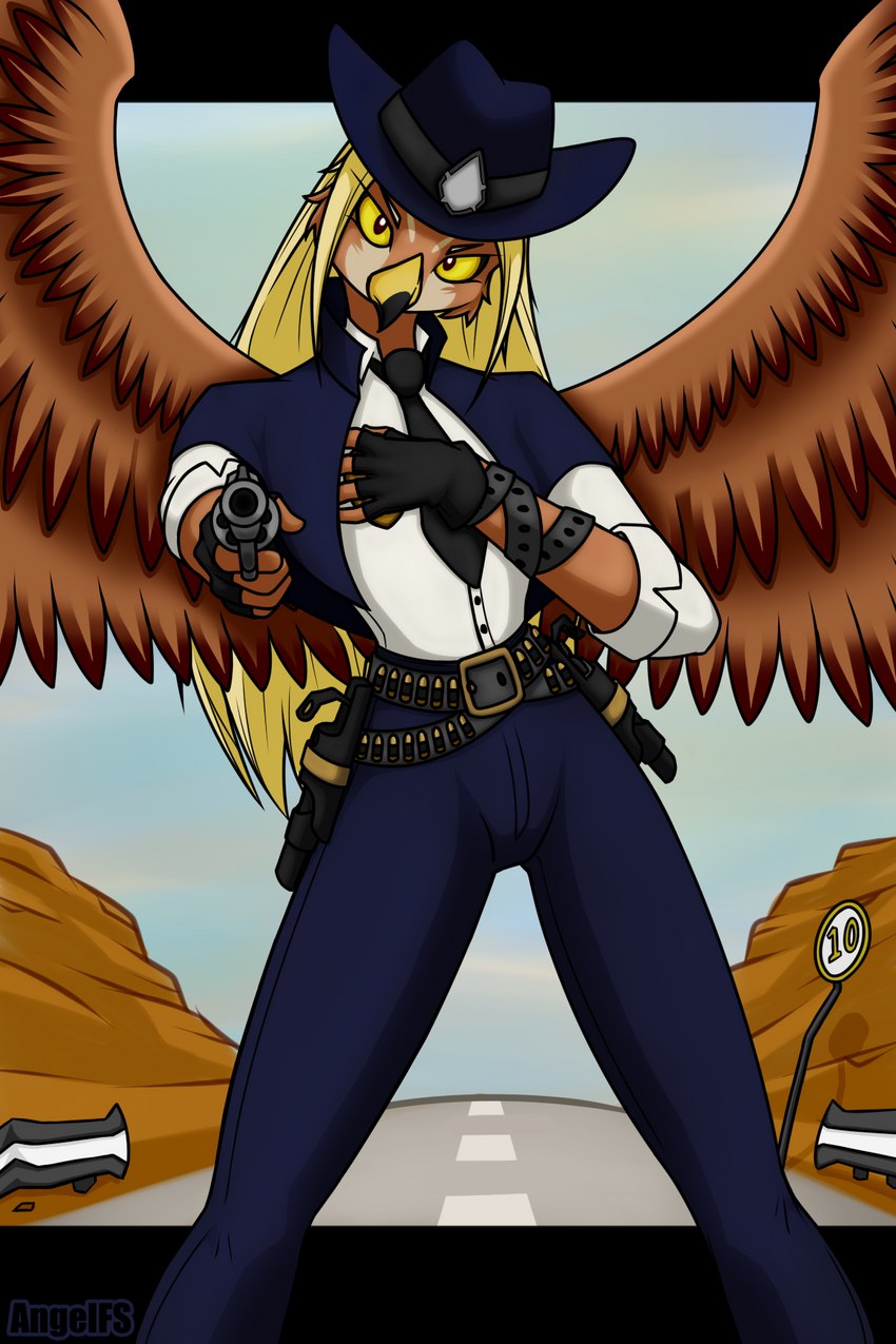 5_fingers anthro beak belt blonde_hair bullet clothing cowboy_hat cowgirl_outfit feathered_wings feathers female fingers gun hair handgun hat headgear headwear hill necktie ranged_weapon revolver road road_sign solo weapon wild_west wings angelfs accipitrid accipitriform avian bird 2:3 hi_res