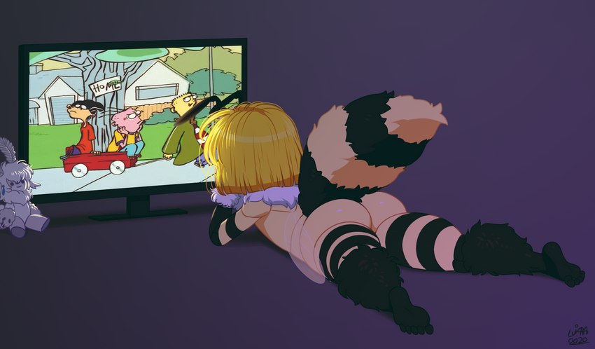 anthro electronics female group lying male on_front plushie solo_focus television watching_tv lui-ra cartoon_network ed_edd_n_eddy bianca_(lui-ra) arthropod bee human hymenopteran insect mammal hi_res