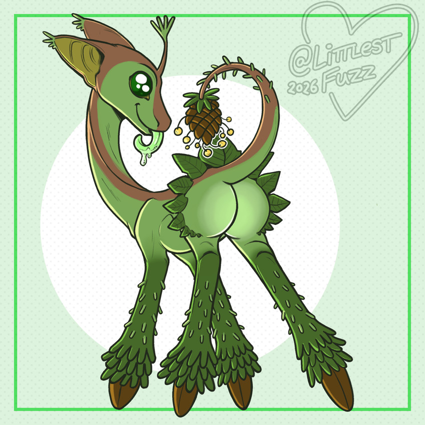 ambiguous_gender bodily_fluids bubble_butt butt feral green_body green_tongue head_sprout hooves leaf leaf_ruff leaves_on_body long_neck long_tongue looking_at_viewer null pinecone plant plant_tail pollen presenting presenting_hindquarters quadruped saliva saliva_string simple_background smile solo tail_anus tapering_tongue tongue unguligrade littlestfuzz alien elemental_creature flora_fauna 1:1 2026 digital_drawing_(artwork) digital_media_(artwork) full-length_portrait hi_res portrait