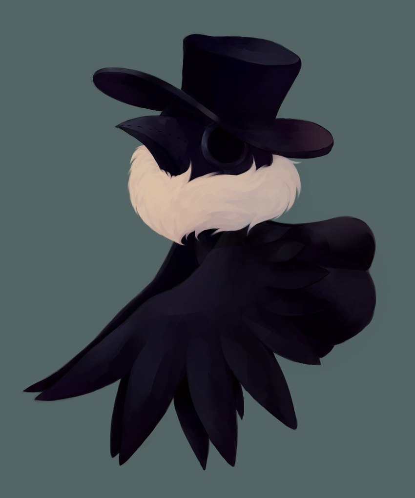 ambiguous_gender animal_mask beak_mask black_clothing black_headwear clothing feathers feral fur_scarf hat headgear headwear looking_at_viewer mask scarf simple_background solo teal_background text top_hat white_scarf masyu_ori lobotomy_corporation project_moon plague_doctor_(lobotomy_corporation) avian bird black_bird corvid oscine passerine description_request japanese_description translation_request