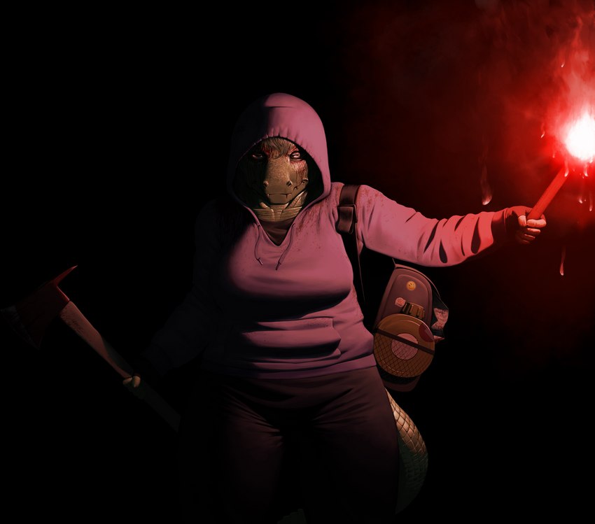 anthro axe bag blood bodily_fluids breasts canteen clothing darkness female fire_axe flare_(object) green_body green_hair green_scales grey_eyes hair hood hoodie red_light scales solo sticker topwear wide_hips mikelocesterlanders cavemanon_studios cry_of_fear i_wani_hug_that_gator olivia_halford baryonyx dinosaur prehistoric_species reptile scalie spinosaurid theropod absurd_res crossover hi_res