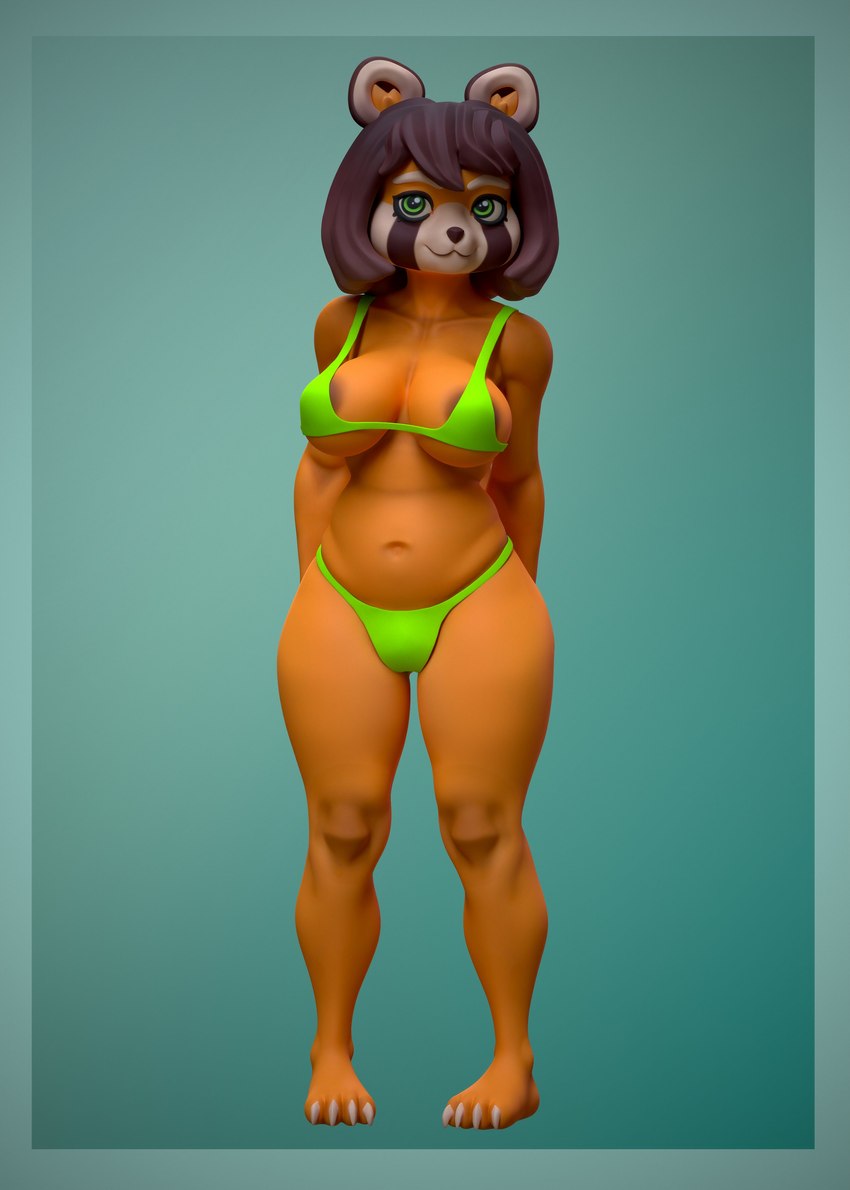 4_toes :3 anthro areola areola_slip big_breasts bikini blue_background border breasts brown_areola brown_hair brown_markings claws clothing eyebrows facial_markings feet female fur green_bikini green_clothing green_eyes green_swimwear hair hands_behind_back head_markings markings navel orange_body orange_fur round_ears simple_background solo standing swimwear toe_claws toes two-piece_swimsuit under_boob phoenixq_q payanda ailurid mammal red_panda 2024 3d_(artwork) absurd_res digital_media_(artwork) hi_res