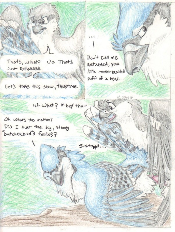 ambiguous_gender dialogue duo erection feral feral_on_feral genitals looking_back lying male on_front on_top penis sex text windpaw evan_(windpaw) timothy_(windpaw) avian bird blue_jay corvid jay_(bird) new_world_jay oscine passerine shrike comic english_text hi_res traditional_media_(artwork)