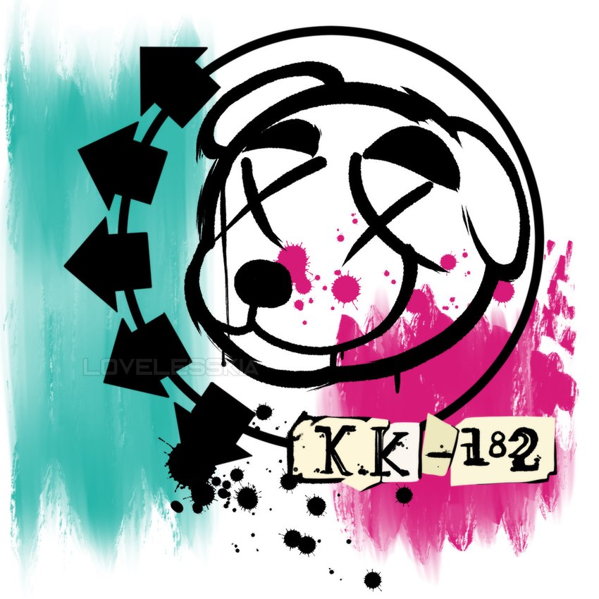 album anthro arrow_sign black_nose blue_and_pink circle ears_down eyebrows floppy_ears graffiti male mouth_closed paint_splatter pivoted_ears simple_background solo text white_background x_eyes lovelesskiaart animal_crossing blink-182 blink-182_(album) k.k._slider_album_redraw nintendo k.k._slider canid canine canis domestic_dog mammal 1:1 album_cover cover english_text hi_res meme