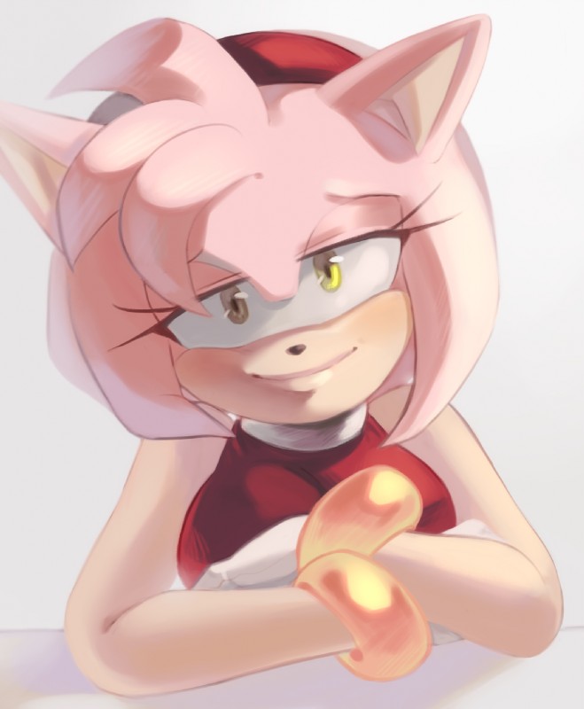 accessory anthro bangs bare_shoulders black_nose bracelet clothing crossed_arms female fur gloves green_eyes hair hair_accessory hairband handwear jewelry looking_at_viewer makeup pink_body pink_fur pink_hair short_hair smile solo white_clothing white_gloves white_handwear freedomfightersonic sega sonic_the_hedgehog_(series) amy_rose eulipotyphlan hedgehog mammal 2018 hi_res