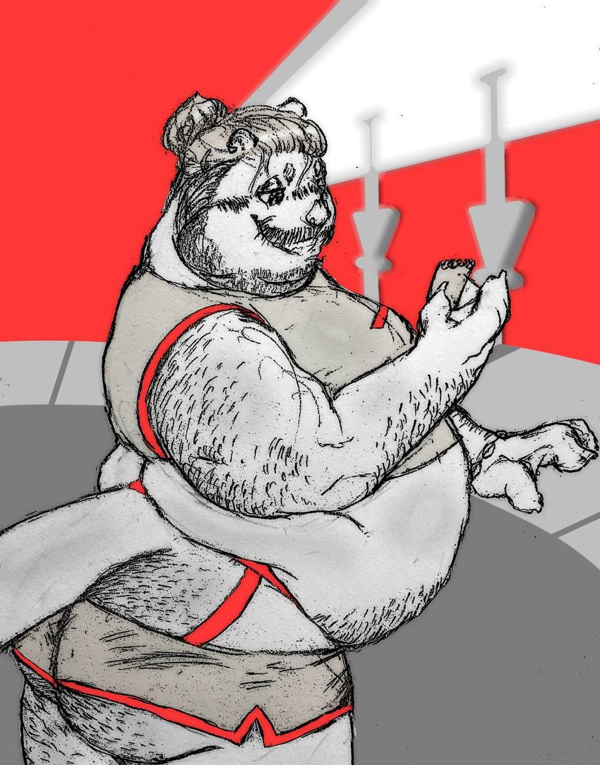 anthro arm_hair beard belly_overhang big_butt body_hair bottomwear butt butt_hair clothing crop_top facial_hair hairy hairy_legs hotpants huge_butt j's_diner male male/male mustache overweight roger_otter shirt shorts sideburns solo sweatband thick_thighs topwear ericphoria mammal mustelid otter hi_res