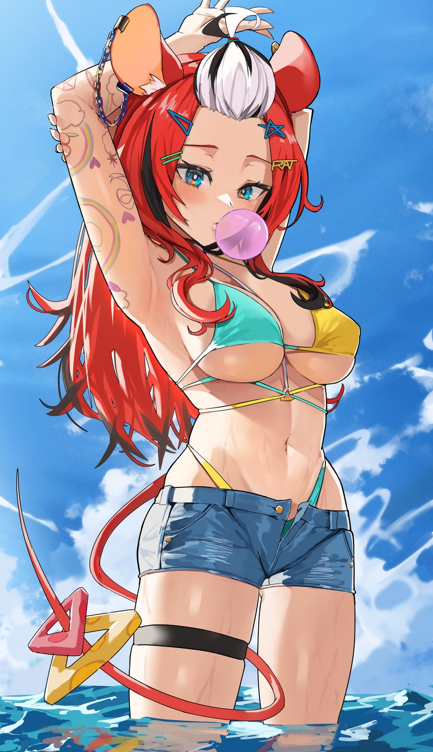 5_fingers accessory bikini blue_eyes blue_sky bottomwear breasts bubble_gum clothing ear_clip female fingers hair hair_accessory hairpin hands_behind_head humanoid_hands legband looking_at_viewer multicolored_hair red_hair shorts sky solo swimwear tattoo text two-piece_swimsuit under_boob water wet archinoer hololive hololive_en vtuber hakos_baelz animal_humanoid humanoid mammal mammal_humanoid murid murid_humanoid murine murine_humanoid rat_humanoid rodent rodent_humanoid absurd_res english_text hi_res