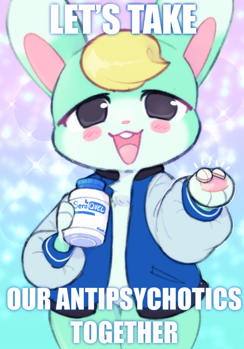 3_fingers alternative_fashion ambiguous_anthro ambiguous_gender anthro antipsychotic antipsychotics black_eyes blonde_hair blue_clothing blue_jacket blue_topwear blush blush_stickers bottomless buckteeth chest_tuft chibi clothed clothing container drugs fingers front_view fur fur_tuft gradient_background green_body green_ears green_fur hair handpaw happy holding_container holding_object j-fashion jacket jacket_only kemono legs_together long_ears looking_at_viewer medicine menhera narrowed_eyes naturally_censored no_pupils open_mouth open_smile pawpads paws pills pink_inner_ear pink_nose pink_pawpads pink_tongue shitpost short_hair simple_background smile smiling_at_viewer solo sparkles standing talking_to_viewer teeth text text_on_container tongue topwear topwear_only tuft white_text pawberry animal_crossing let's_take_ibuprofen_together nintendo seroquel sasha_(animal_crossing) lagomorph leporid mammal rabbit 2022 digital_drawing_(artwork) digital_media_(artwork) english_text hi_res image_macro impact_(font) meme portrait reaction_image redraw three-quarter_portrait male_(lore)