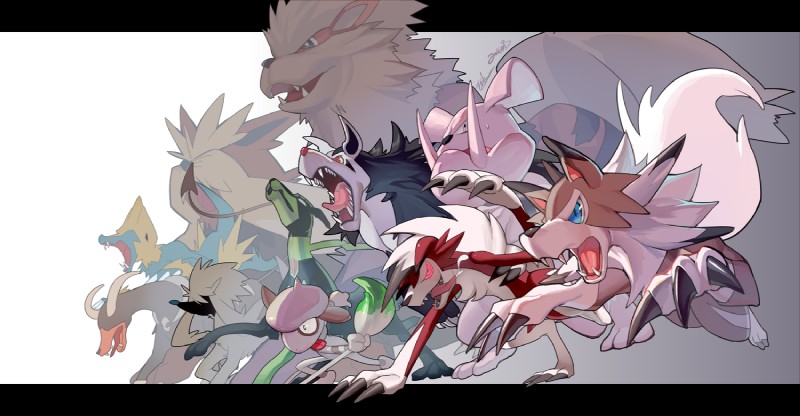 action_pose ambiguous_gender feral group pose simple_background white_background evolution_(artist) game_freak nintendo pokemon arcanine canid canine furfrou generation_1_pokemon generation_2_pokemon generation_3_pokemon generation_5_pokemon generation_6_pokemon generation_7_pokemon granbull houndoom legendary_pokemon lycanroc mammal manectric midday_lycanroc midnight_lycanroc mightyena natural_furfrou pokemon_(species) smeargle stoutland zygarde zygarde_10_forme 2016