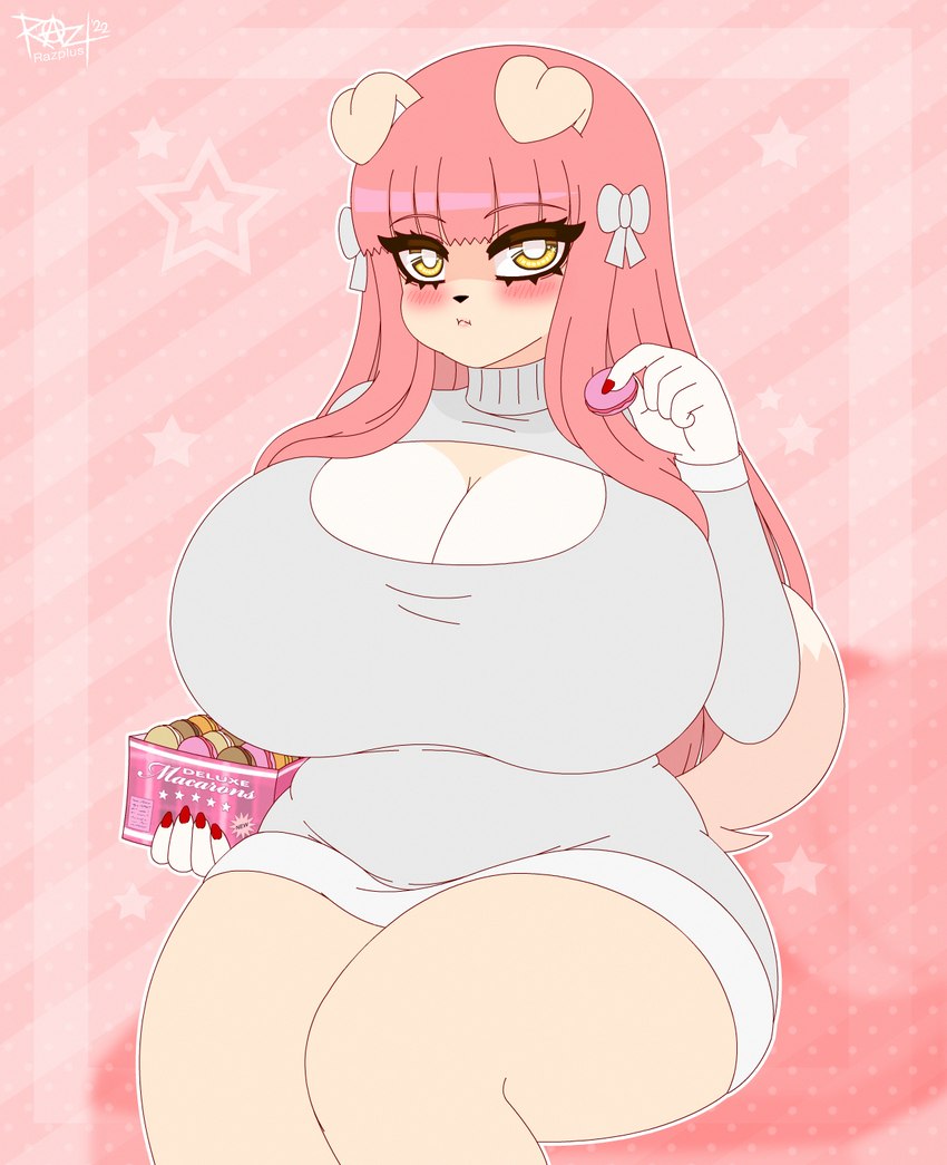 breasts clothing colored_nails cookie eating female food hair long_hair macaroon nails pink_hair ribbons slightly_chubby solo sweater topwear yellow_eyes razplus lucille_lilac canid canine mammal hi_res