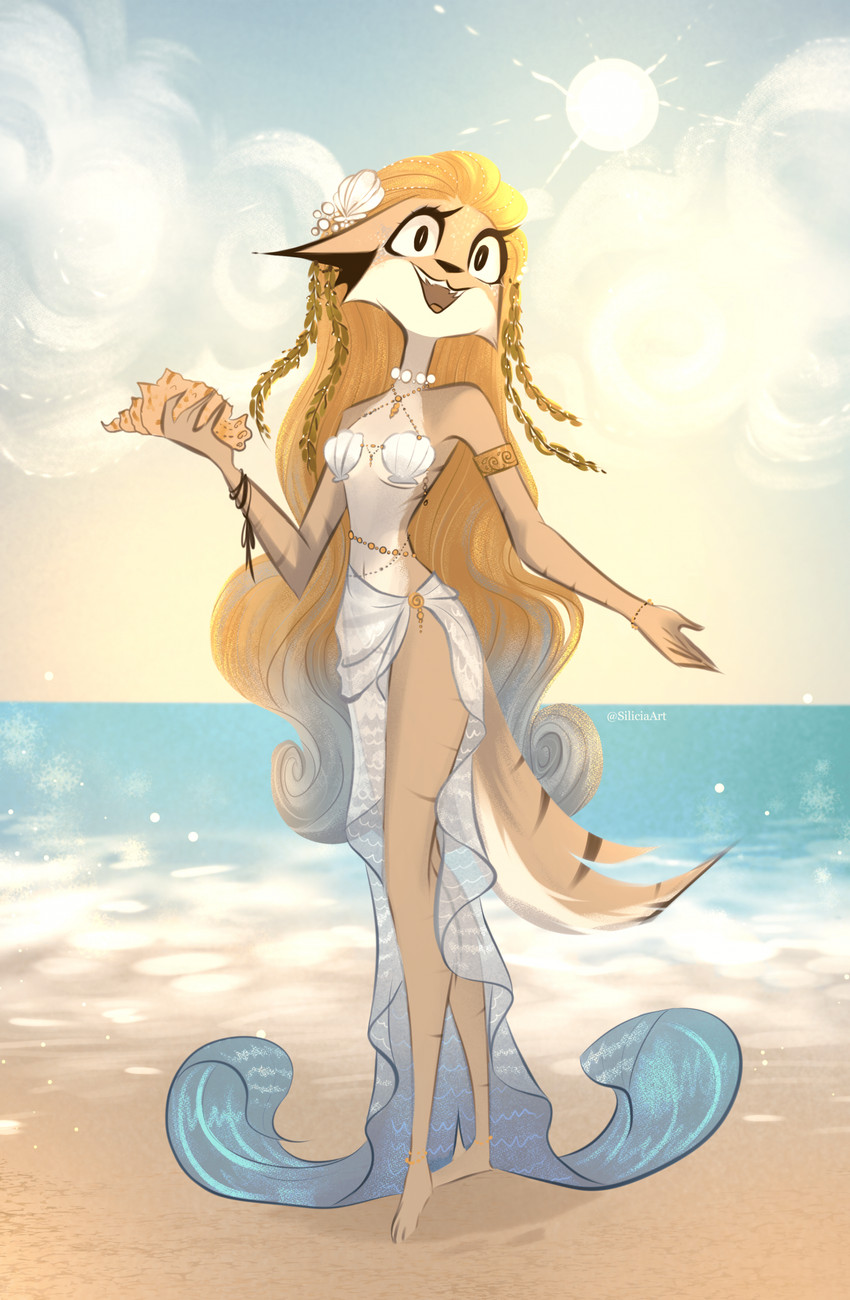 anthro barely_visible_genitalia barely_visible_vulva beach bottomless bottomless_female bottomwear bra breasts camel_toe casual_exposure clothed clothing exposed female genitals navel outside partially_clothed partially_clothed_female sand seashell seashell_bra seashell_in_hair seaside shell skirt sky solo tail topwear translucent translucent_bottomwear translucent_clothing translucent_skirt translucent_veil underwear veil vulva water siliciaart in_the_burrow allison_(siliciaart) canid canine canis coyote mammal 2025 hi_res