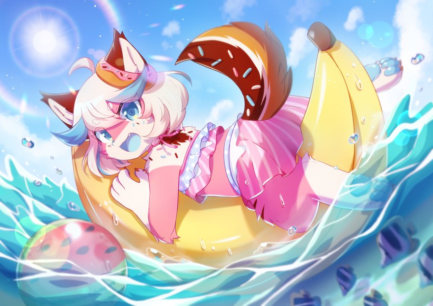 anthro banana big_tail blue_eyes blue_pawpads clothing dessert detailed_background doughnut femboy food fruit fur hair inflatable_toy kemono lens_flare looking_back male open_mouth pastry pawpads paws pink_body pink_fur plant scared school_swimsuit sea sky solo sparklefur swimwear tail tropical water white_hair worried_look sunnynoga donut_(misterdonut) canid canine canis fish food_creature mammal marine sprinkledog digital_media_(artwork) digital_painting_(artwork) pastel_theme