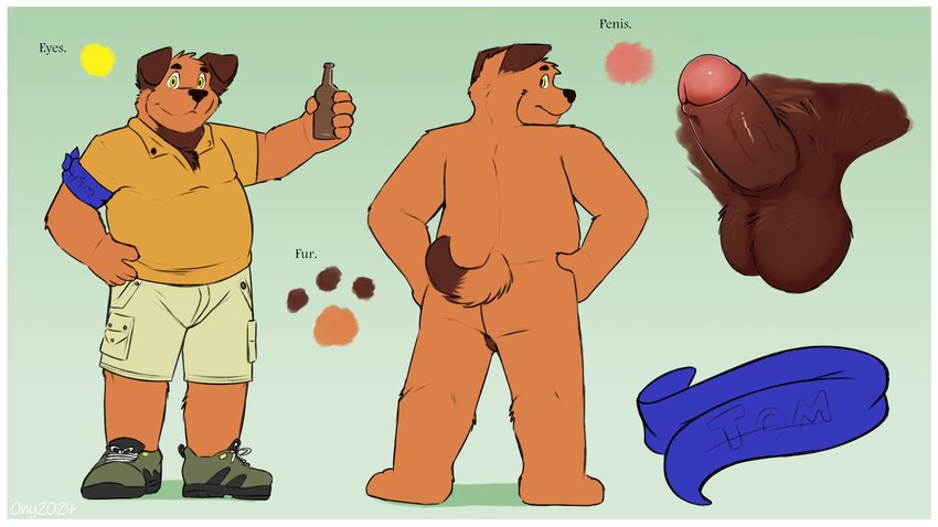 alcohol anthro armband aroused balls beer belly beverage border brown_body brown_fur butt clothed clothing countershading footwear foreskin fur genitals humanoid_genitalia humanoid_penis male multicolored_body multicolored_fur nude orange_body orange_fur partially_retracted_foreskin penis pose presenting reverse_countershading shoes simple_background solo standing tail text two_tone_body two_tone_fur white_border yellow_eyes onykr tom_(onykr) canid canine canis domestic_dog mammal 16:9 english_text hi_res model_sheet pinup widescreen