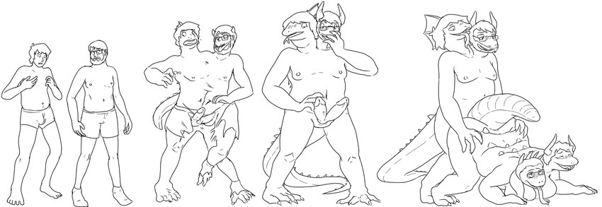 2_heads anthro base_one_layout basic_sequence beard blush breasts clothing conjoined eyewear facial_hair female four_frame_image four_frame_sequence from_behind_position genitals glasses growth human_to_anthro linear_sequence looking_pleasured male merging multi_genitalia multi_head multi_penis multifur navel nude one_row_layout penis self_insert sex simple_background species_transformation surprise tongue tongue_out torn_clothing transformation transformation_sequence white_background prurientpie prurientpie_(character) monster reptile scalie slurpasaur 2019 absurd_res hi_res line_art monochrome sequence