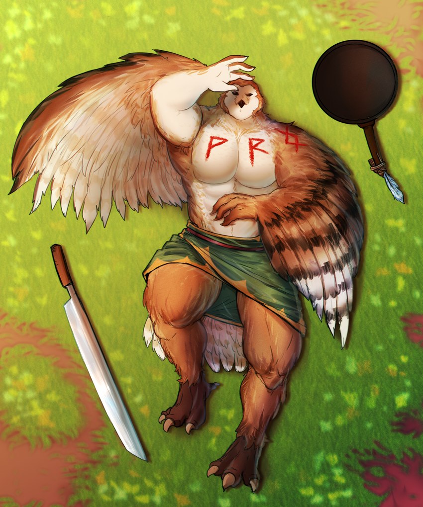 abs anthro barazoku beak belt biceps big_muscles black_beak black_eyes bottomwear brown_body brown_feathers clothed clothed/nude clothing feather_hands feathered_arms feathered_wings feathers feet grass grass_field green_bottomwear green_clothing green_kilt green_skirt kilt knife male melee_weapon moobs musclegut muscular muscular_anthro muscular_male nordic_runes nude pecs plant runes skirt solo sword tail tail_feathers talons tattoo toes topless topless_anthro topless_male weapon white_body white_feathers wings wok toragoru sheru_owl avian bird humanoid owl 5:6 absurd_res hi_res