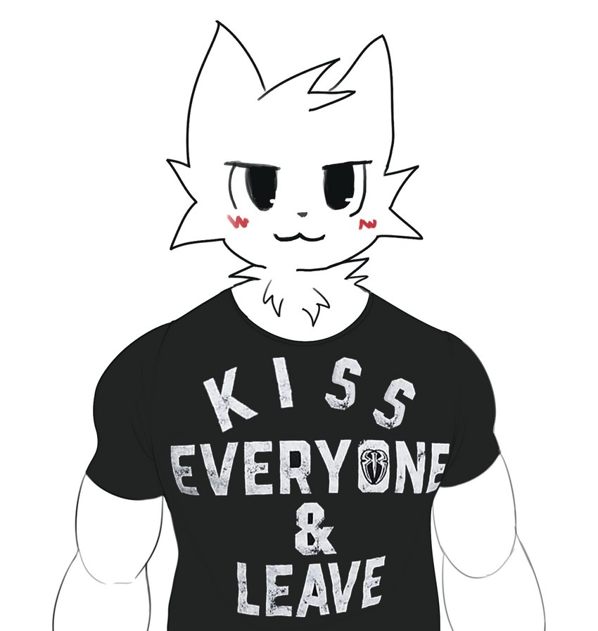 :3 anthro black_clothing black_shirt black_topwear blush blush_lines clothing looking_at_viewer male muscular muscular_anthro muscular_male print_clothing print_shirt print_t-shirt print_topwear red_blush shirt shitpost simple_background smug smug_face solo t-shirt text text_on_clothing text_on_shirt text_on_topwear topwear white_background sunstripe boy_kisser_(meme) meme_clothing chudjak silly_cat_(mauzymice) canid canine mammal english_text half-length_portrait hi_res meme portrait