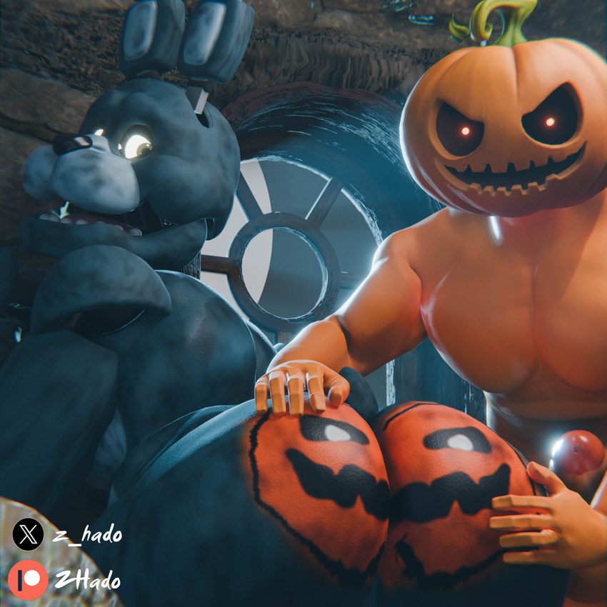 anthro big_butt butt duo erection food for_a_head fruit genitals holidays huge_butt male male/male nude open_mouth penis plant pumpkin pumpkin_butt pumpkin_head sex z_hado five_nights_at_freddy's halloween scottgames bonnie_(fnaf) object_head 1:1 3d_(artwork) absurd_res digital_media_(artwork) hi_res