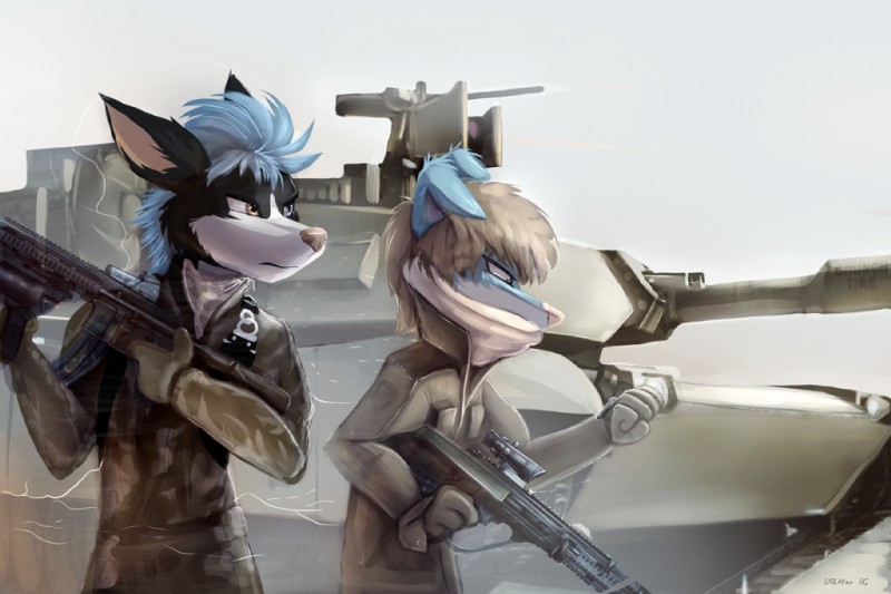 abstract_background acog_scope anthro assault_rifle blue_hair brown_hair bullpup camo clock clothed clothing desert duo face_mask floppy_ears gloves grenade_launcher gun hair handwear heterochromia holding_gun holding_object holding_ranged_weapon holding_weapon m1_abrams m2hb m4 mask military military_uniform ranged_weapon rifle scope simple_background steyr_aug tank uniform vehicle watch weapon wristwatch ramiras canid canine canis domestic_dog mammal 2014 digital_media_(artwork) half-length_portrait portrait signature