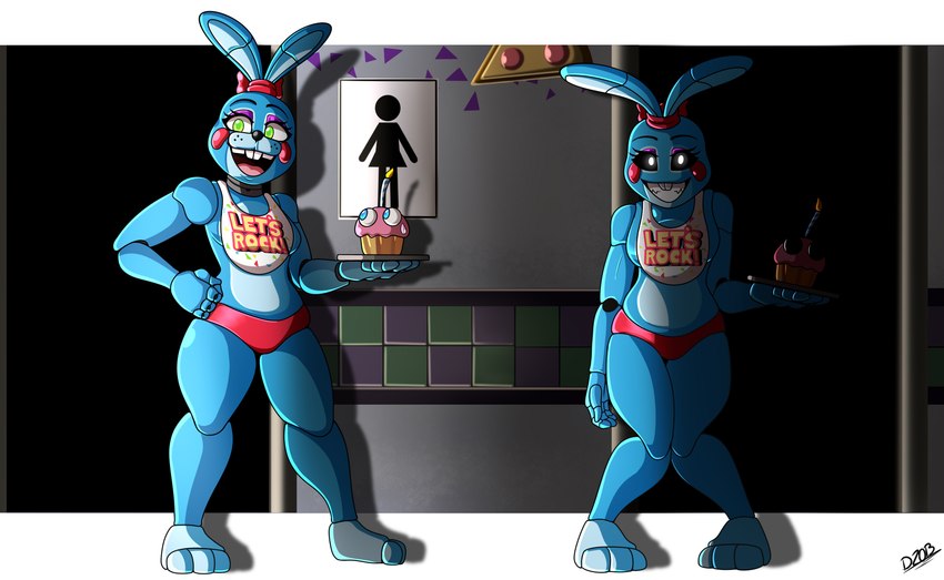 3_toes 4_fingers anthro big_breasts black_eyes blue_eyes breasts clothed clothing detailed_background duo eye_makeup eyebrows eyelashes feet female fingers fur fusion green_eyes hand_on_hip looking_at_viewer machine open_mouth pseudo_hair slouching smile teeth tied_ears toes tongue dino20bryan five_nights_at_freddy's five_nights_at_freddy's_2 scottgames cupcake_(fnaf) toy_bonnie_(fnaf) toy_chica_(fnaf) animatronic lagomorph leporid mammal rabbit robot 2024 digital_media_(artwork) hi_res