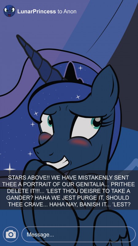 blue_eyes blue_hair blush cellphone crown electronics female feral hair headgear horn phone selfie shy smartphone solo sparkles text tiara wings trash_anon friendship_is_magic hasbro my_little_pony mythology princess_luna_(mlp) equid equine mammal mythological_creature mythological_equine winged_unicorn 9:16 blue_theme english_text hi_res