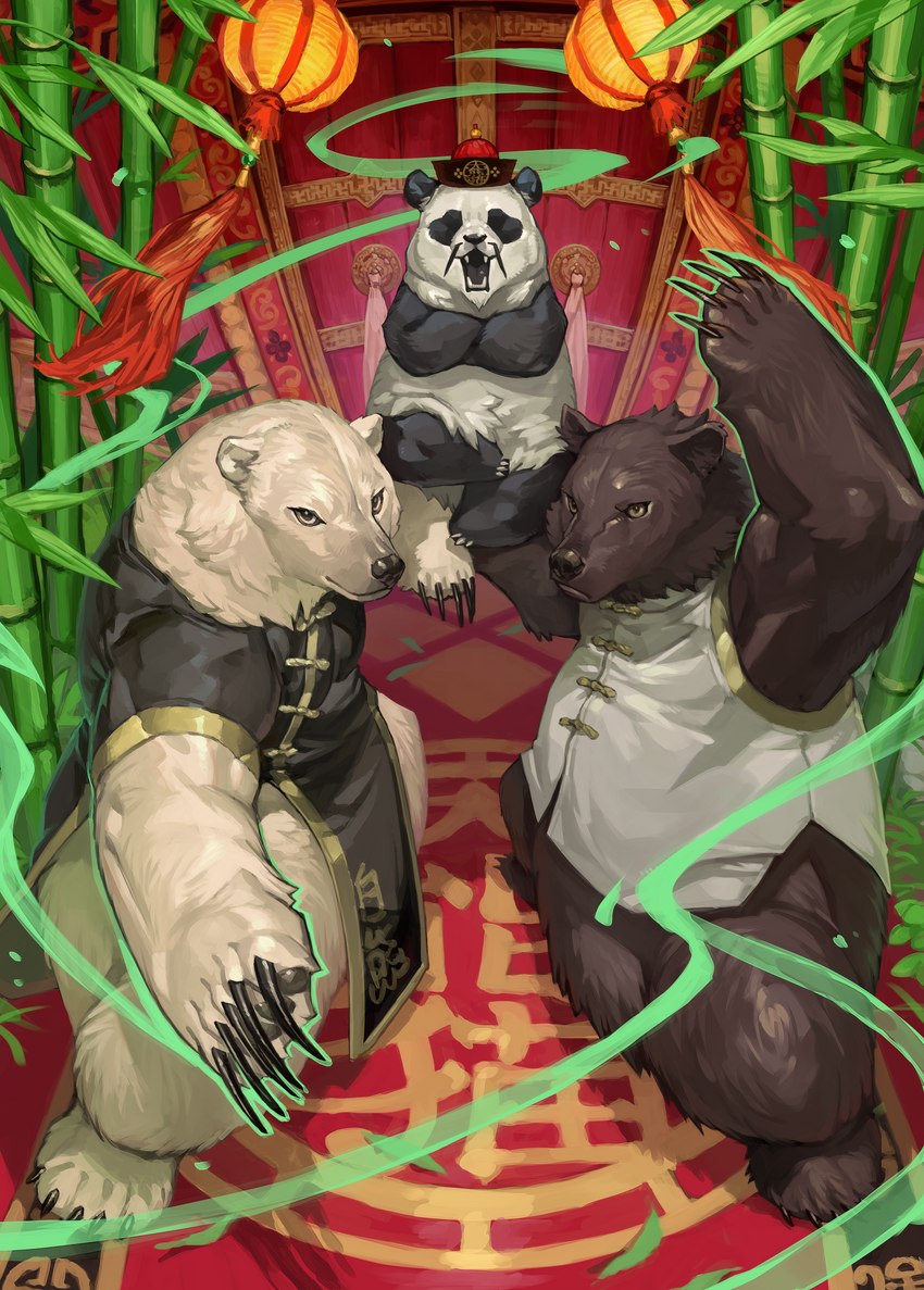 anthro asian_clothing bamboo chinese_clothing claws clothed clothing crossed_arms east_asian_clothing facial_hair group hat headgear headwear male mustache open_mouth trio wolftapioca bear giant_panda mammal polar_bear ursine absurd_res hi_res