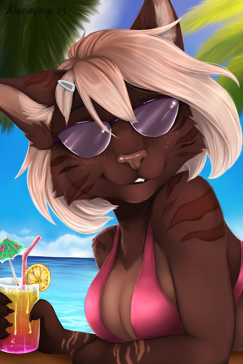 anthro beverage bikini blonde_hair breasts brown_body brown_fur cleavage clothed clothing eyewear female fur hair holding_beverage holding_object looking_at_viewer markings pink_bikini pink_clothing pink_swimwear sea solo striped_markings stripes sunglasses swimwear two-piece_swimsuit water wearing_sunglasses kraven-gothly saoirse_(allen_fuller) domestic_cat felid feline felis mammal absurd_res hi_res