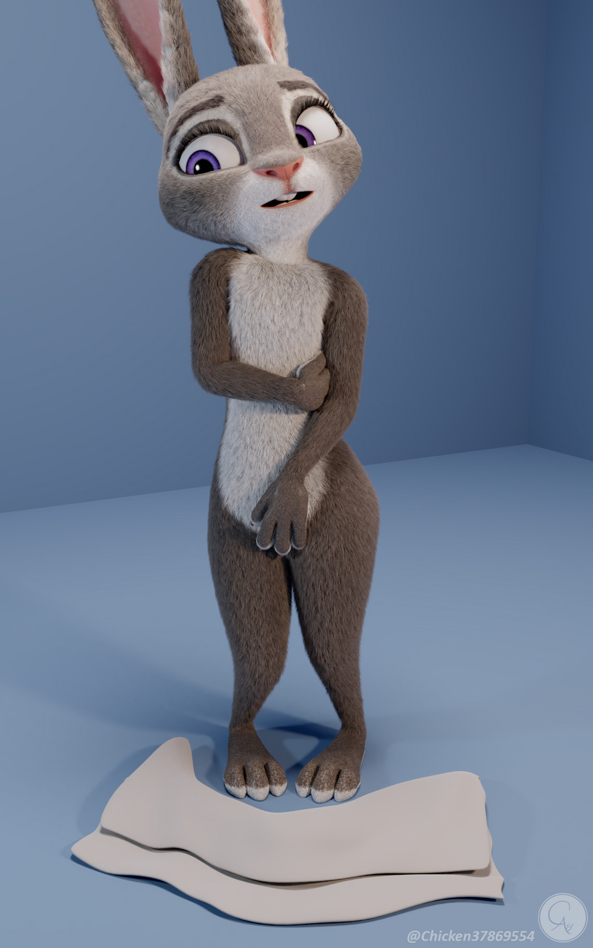 3_toes 4_fingers anthro covering covering_self feet female fingers flat_chested fur long_ears nude open_mouth purple_eyes realistic_fur simple_background solo text toes towel chickenass disney zootopia judy_hopps lagomorph leporid mammal rabbit 3d_(artwork) 5:8 digital_media_(artwork) hi_res