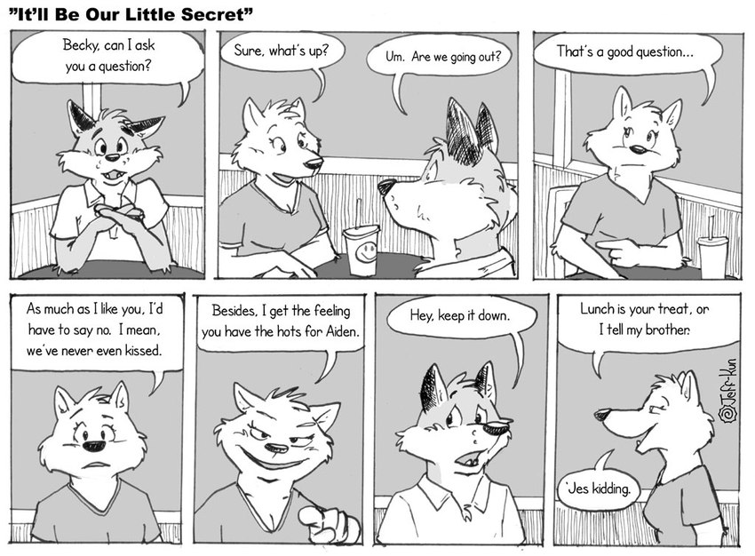 anthro beverage dialogue duo female food gesture hand_gesture happy looking_at_another male open_mouth pointing sitting text leafdog closet_coon becky_mooney colin_young canid canine canis fox mammal wolf 2004 comic english_text monochrome