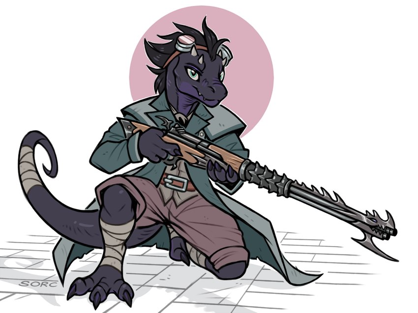 anthro bandage belt black_body blue_eyes clothed clothing coat eyewear goggles gun male ranged_weapon rifle solo topwear weapon sorc kobold scalie