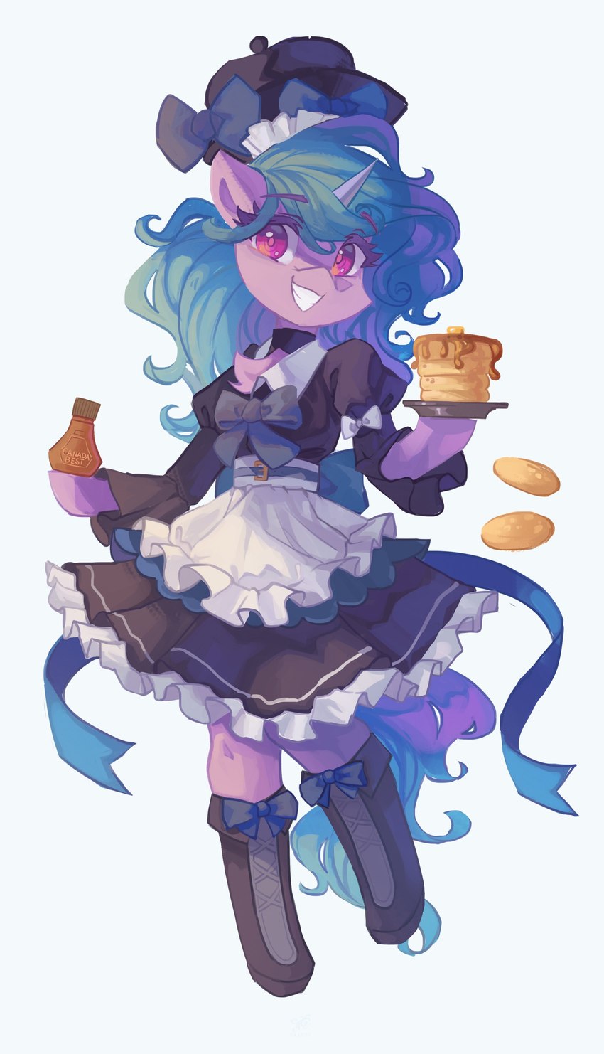 apron biped blue_hair blue_tail bow_(feature) bow_dress bow_tie chest_tuft clothing clothing_bow dress eyebrow_through_hair eyebrows eyelashes female food fur hair holding_object horn maid_uniform pancake purple_body purple_fur ribbons semi-anthro simple_background solo syrup tail translucent translucent_hair tuft uniform white_background saxopi hasbro mlp_g5 my_little_pony mythology izzy_moonbow_(mlp) equid equine mammal mythological_creature mythological_equine unicorn absurd_res digital_media_(artwork) hi_res