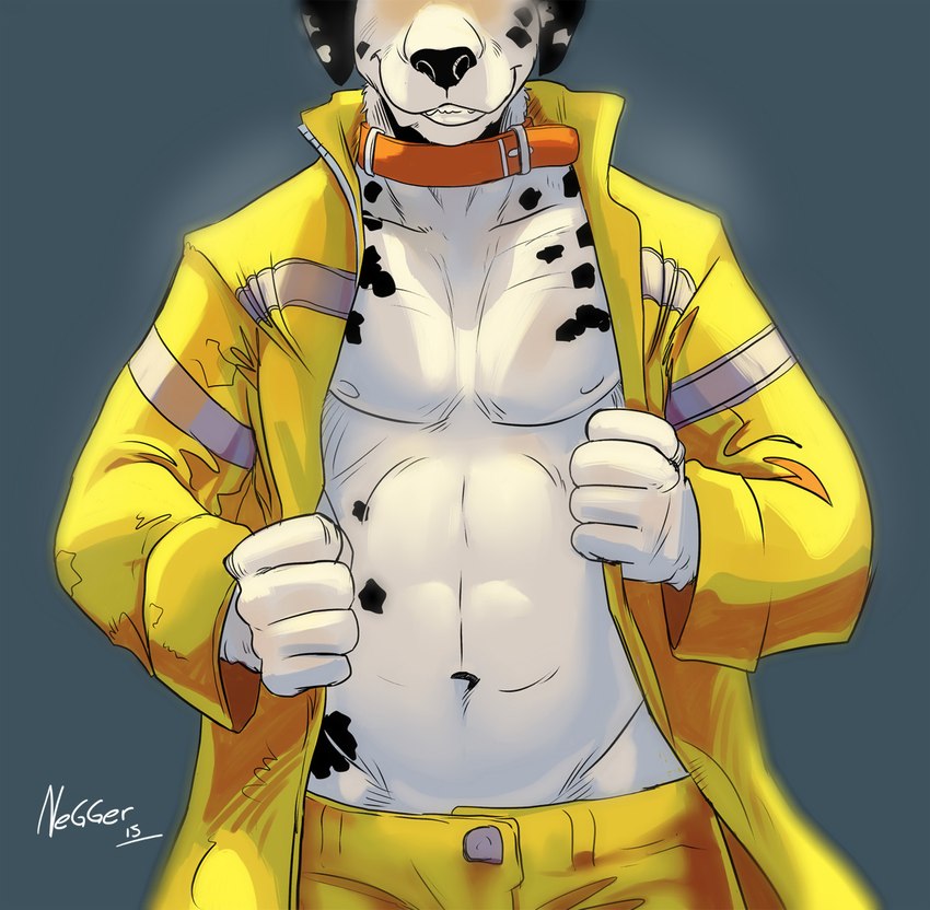 anthro athletic athletic_anthro athletic_male black_nose close-up clothed clothing collar firefighter firefighter_uniform folded_ears fur jacket male markings multicolored_body multicolored_fur navel nipples open_clothing open_jacket open_topwear simple_background solo spots spotted_body spotted_fur topwear two_tone_body two_tone_fur undressing uniform white_body white_fur negy canid canine canis dalmatian domestic_dog mammal