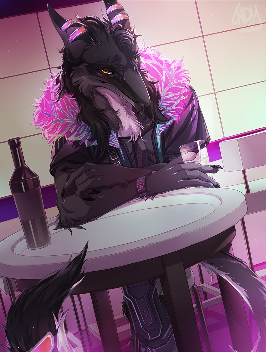 beverage bottle claws clothing container furniture looking_at_viewer male sitting solo table tail tail_tuft tuft yellow_eyes el-ricado gwynn_altus_(courierserg) sergal