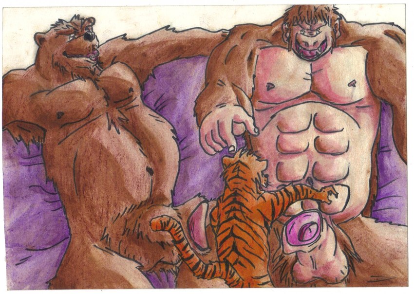 abs anthro balls brown_body brown_fur erection fingernails foreskin fur genitals group imminent_cock_vore imminent_vore larger_pred male male/male musclegut muscular nails navel nipples open_mouth orange_body orange_fur penis pubes sitting size_difference smile stretched_foreskin tail teeth trio vore bigbadbear big_bad_bear ape bear felid gorilla haplorhine mammal pantherine primate tiger colored
