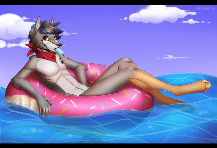 anthro cloud ears_up food footprint fur hair lying male mostly_nude pawprint pawprint_tattoo popsicle popsicle_in_mouth scarf scarf_only solo swim_ring tattoo water wide_eyed eurikagray marcus_hunter canid canine canis mammal wolf 2018 signature