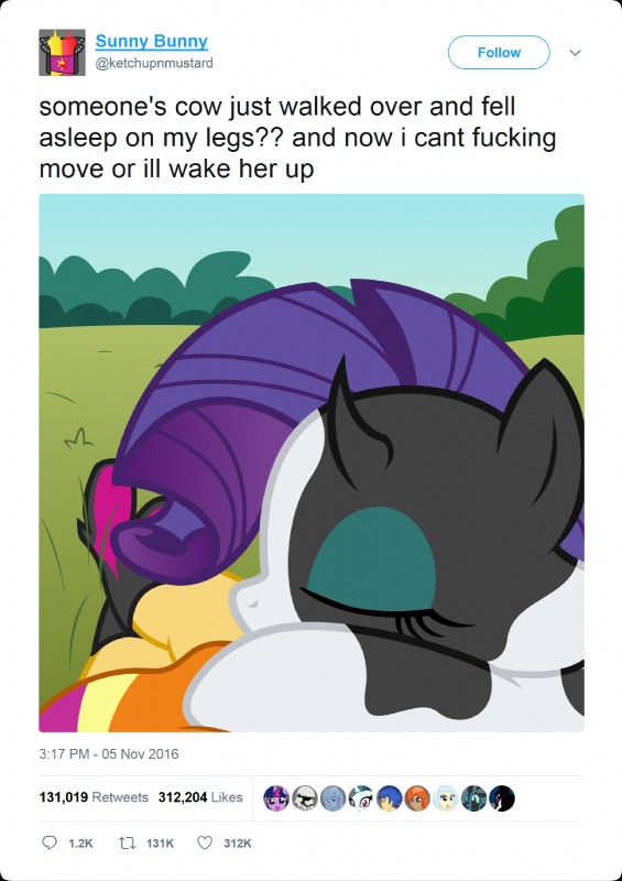 alternate_species duo female first_person_view human_pov parody profanity sleeping text user_avatar badumsquish equestria_girls friendship_is_magic hasbro my_little_pony twitter fan_character flash_sentry_(eg) queen_chrysalis_(mlp) raricow_(mlp) rarity_(mlp) sonata_dusk_(eg) sunset_shimmer_(eg) twilight_sparkle_(mlp) bovid bovine cattle human mammal siren 2017 english_text hi_res