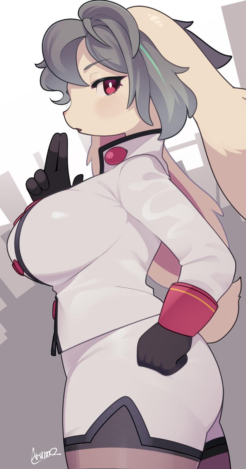 5_fingers anthro big_breasts black_clothing black_gloves black_handwear blush breasts clothing female fingers fur gloves hair handwear red_eyes side_view simple_background solo tan_body tan_fur arumo lagomorph leporid mammal rabbit 2023 absurd_res hi_res