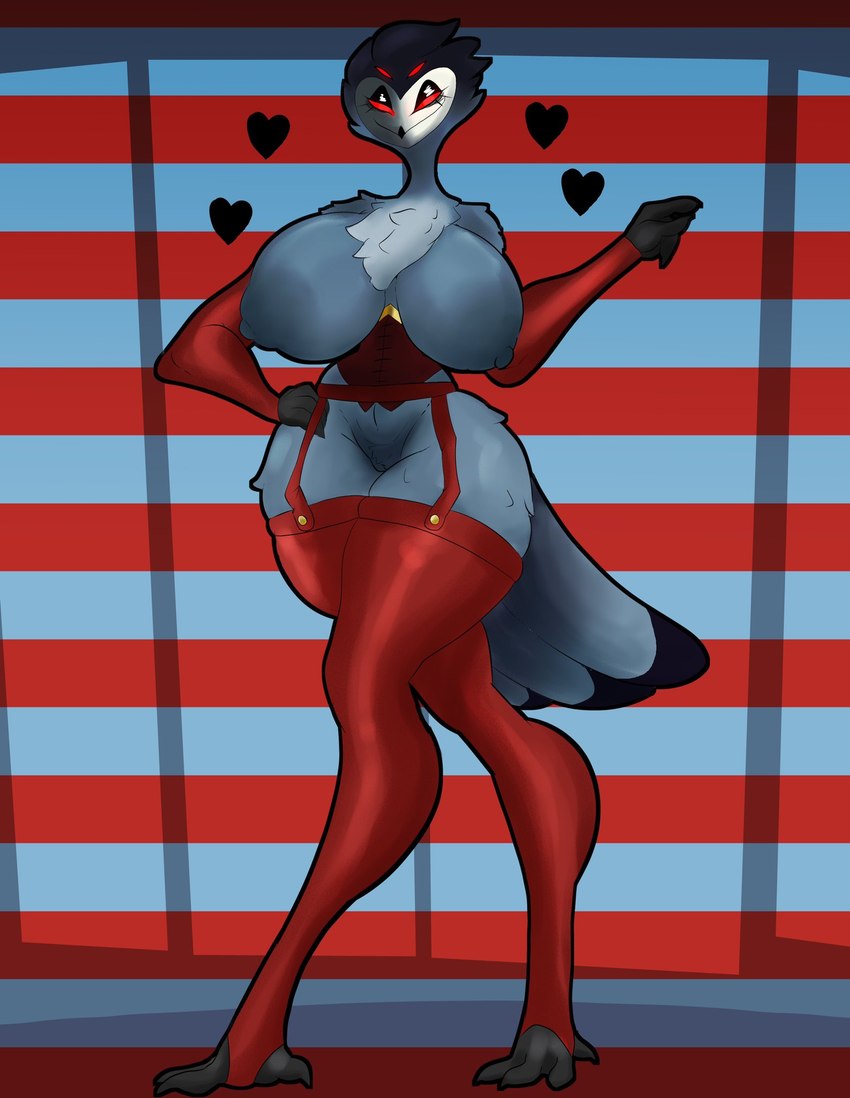 anthro beak big_breasts blue_body blue_feathers breasts clothed clothing crossgender feathers female genitals heart_symbol mature_female mtf_crossgender multi_eye nipples partially_clothed pussy red_eyes simple_background smile solo thick_thighs repomorame helluva_boss stolas_(helluva_boss) avian bird demon owl owl_demon hi_res