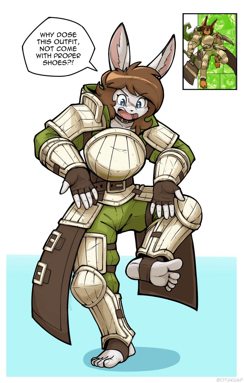 5_fingers 5_toes annoyed anthro armor belt belt_collar breastplate brown_hair clothing cosplay dialogue dipstick_ears ear_markings feet female fingerless_gloves fingers fur gloves greaves hair handwear hoodie humanoid_feet humanoid_hands inner_ear_fluff knight multicolored_ears on_one_leg open_mouth pauldron plantigrade plate_armor raised_leg reference_image scar short_hair soles solo speech_bubble standing stirrup_footwear text toes topwear tuft vambrace warrior white_body white_fur otakuap dog_knight_rpg aleanora armorbun rory_(ceehaz) lagomorph leporid mammal rabbit 2023 english_text hi_res