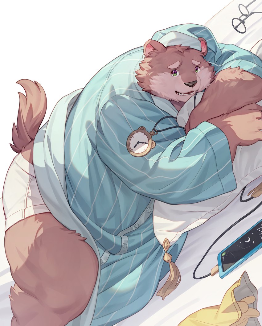 anthro bed briefs brown_body brown_fur cellphone clothing electronics fur furniture hat headgear headwear male musclegut muscular nightcap pajama_shirt pajamas phone pillow smartphone solo underwear yed lifewonders tokyo_afterschool_summoners jambavan_(tas) bear mammal absurd_res hi_res