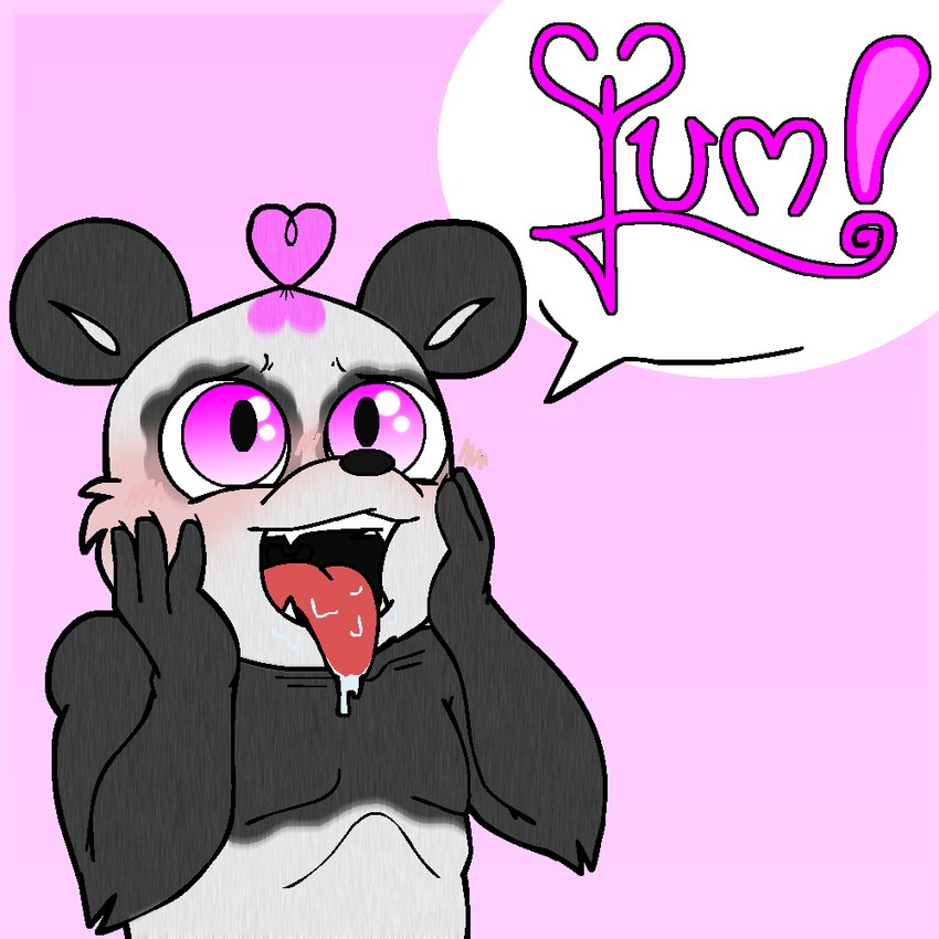 ambiguous_gender big_ears big_head blush bodily_fluids button_nose drooling featureless_chest fur hair hair_bun hand_on_face multicolored_body multicolored_fur pink_eyes pink_hair saliva simple_background small_body smile solo speech_bubble teeth teeth_showing text tongue tongue_out panda-moan-yum pammy_(pmy) bear giant_panda mammal 1:1 english_text