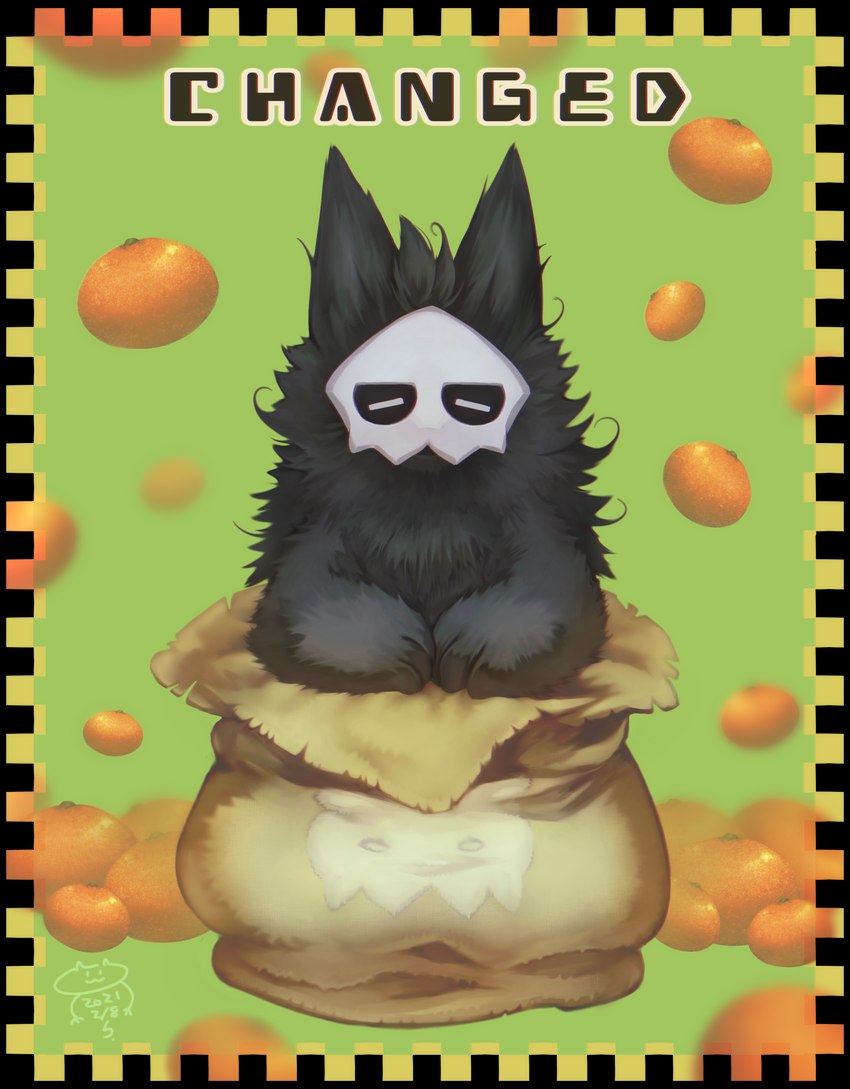 3_fingers anthro bag biped black_body black_ears black_fur container eyes_closed fingers fluffy food front_view fruit fur green_background head_tuft in_bag in_container kemono male male_anthro mask monotone_body monotone_fur nude paws plant simple_background sitting skull_mask solo tangerine_(fruit) text tuft white_eyes biyabon changed_(video_game) puro_(changed) canid canine canis mammal wolf absurd_res alpha_channel digital_media_(artwork) english_text half-length_portrait hi_res portrait