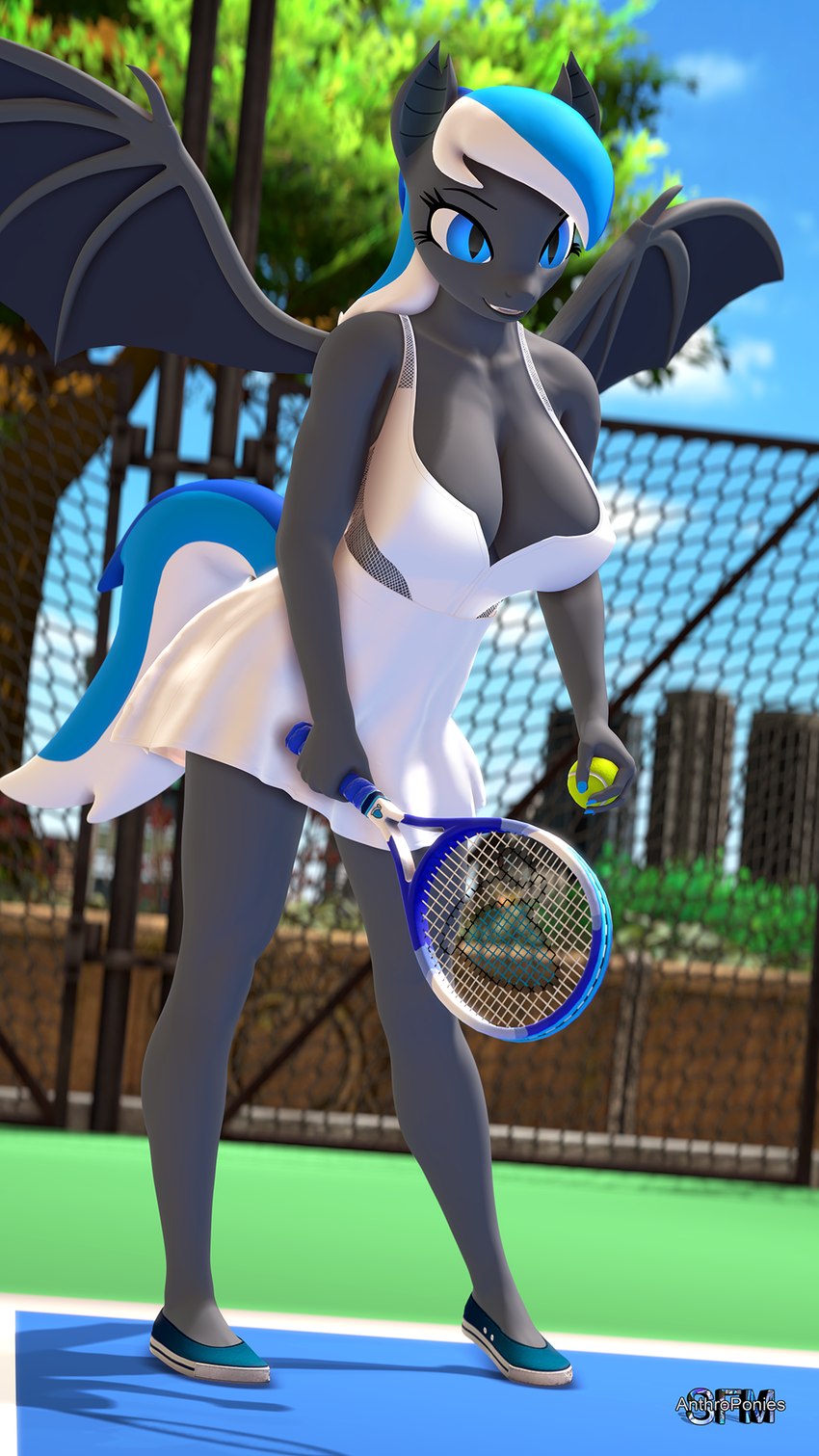 anthro ball blue_eyes blue_hair blue_nail_polish blue_nails breasts cleavage clothed clothing colored_nails dress female footwear hair multicolored_hair multicolored_tail nails pupils shoes slit_pupils sneakers solo tail tennis_ball tennis_racket white_clothing white_dress white_hair anthroponiessfm hasbro my_little_pony diamond_azure fan_character bat_pony equid mammal hi_res
