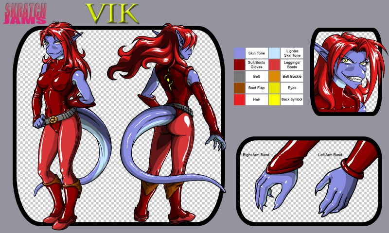 anthro belt blue_body blue_skin bodysuit boots breasts clothing fangs female footwear hair legwear long_ears non-mammal_breasts prehensile_tail red_hair shoes skinsuit skintight_suit smile solo superhero tail teeth text tight_clothing tights predaguy vik_(predaguy) alien 5:3 english_text hi_res model_sheet