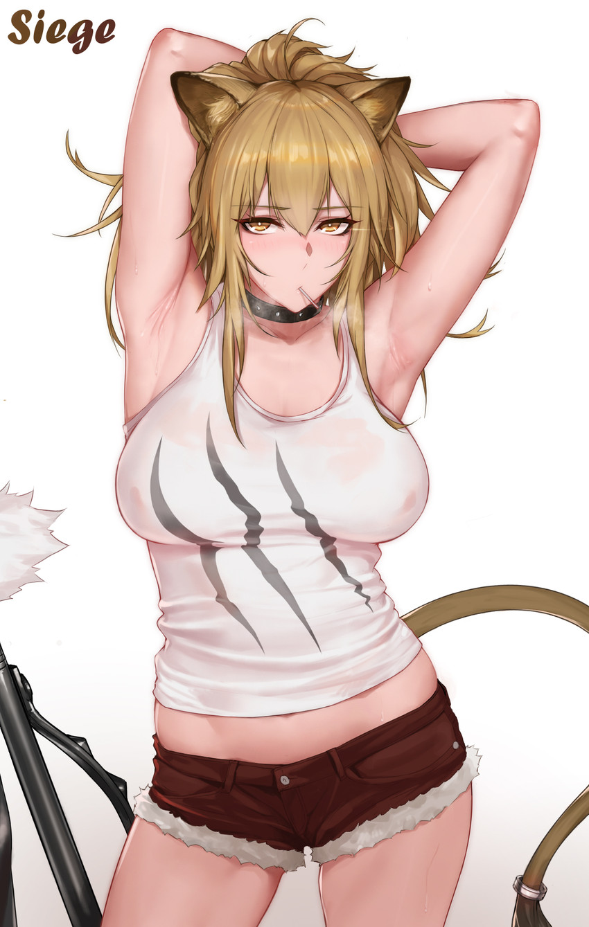 big_breasts blonde_hair bottomwear breasts clothing collar female hair hand_behind_head hotpants looking_at_viewer midriff object_in_mouth scratch_print shirt shorts simple_background solo tank_top topwear wet wet_clothing white_background yellow_eyes laserflip arknights hypergryph studio_montagne siege_(arknights) animal_humanoid felid felid_humanoid humanoid lion_humanoid mammal mammal_humanoid pantherine pantherine_humanoid 2019 hi_res