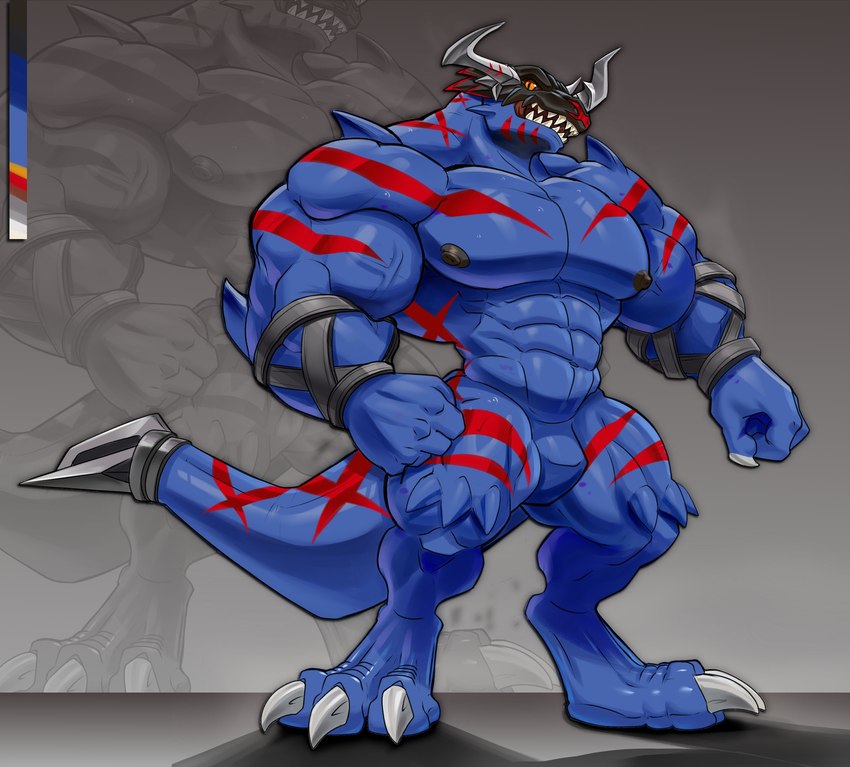 3_toes abs anthro armor armwear biceps big_arms biped blue_body blue_skin bodily_fluids claws clothing featureless_crotch feet headgear helmet horn looking_at_viewer male markings metal muscular muscular_anthro muscular_legs muscular_male nipples orange_eyes palette pecs pupils red_markings serratus sharp_teeth slit_pupils solo spiked_tail spikes spikes_(anatomy) tail teeth toes triceps vein valentinesartx bandai_namco digimon digimon_(species) greymon greymon_x x-digimon 2023 absurd_res hi_res