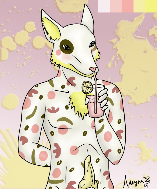 anthro bendy_straw beverage cheese dairy_products drinking_straw erection fluffy food genitals lemonade male palette penis pink_lemonade pizza solo summer what arayna teraunce canid canine canis food_creature hybrid jackal mammal supreme_pizza_jackal hi_res