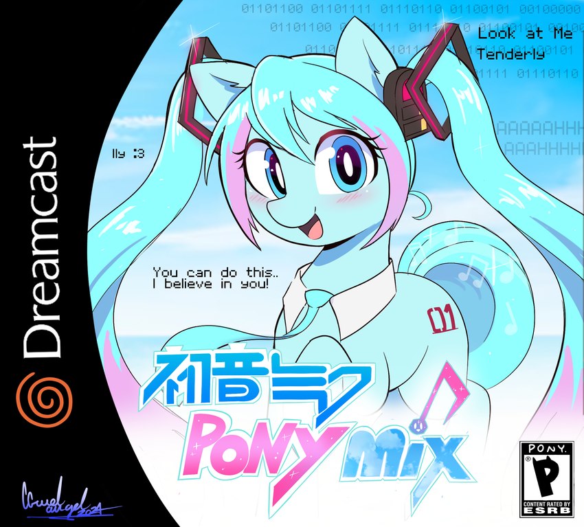 binary_code blue_body blue_eyes blue_hair cutie_mark dialogue dreamcast_logo encouragement female feral hair head_tuft inner_ear_fluff looking_at_viewer machine musical_note musical_symbol necktie pigtails pink_hair ponification solo symbol tail tuft video_game_reference ccruelangel esrb hasbro my_little_pony vocaloid hatsune_miku android equid equine horse mammal pony robot hi_res signature