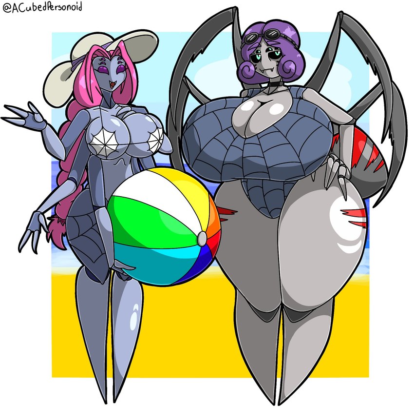 anthro arthropod_abdomen arthropod_webbing ball beach_ball big_breasts bikini black_choker black_jewelry black_necklace blue_eyes braided_pigtails breasts choker cleavage_cutout clothing curvy_figure cute_fangs cutout duo eyewear fangs female goggles hair hand_on_breast hand_on_hip hat headgear headwear holding_object inflatable jewelry markings multi_eye multi_limb necklace one-piece_swimsuit pigtails pink_hair poofy_hair purple_eyes purple_hair red_markings sarong simple_background spider_legs summer swimwear teeth thick_thighs two-piece_swimsuit cubedmans taffeta_silkin animal_humanoid arachnid arachnid_humanoid arthropod arthropod_humanoid humanoid spider_humanoid hi_res signature