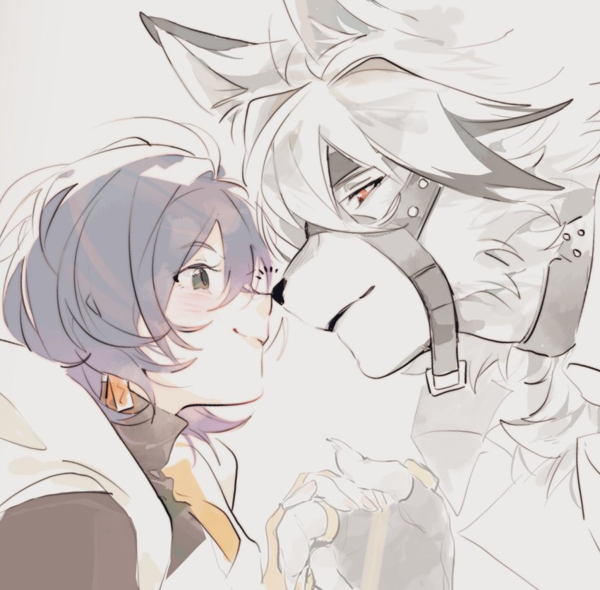 accessory anthro belt blue_hair clothing duo female gloved hair leather male male/female nose_to_nose romantic romantic_couple simple_background white_hair zzz_in_zzz mihoyo zenless_zone_zero belle_(zenless_zone_zero) von_lycaon canid canine canis human mammal wolf hi_res