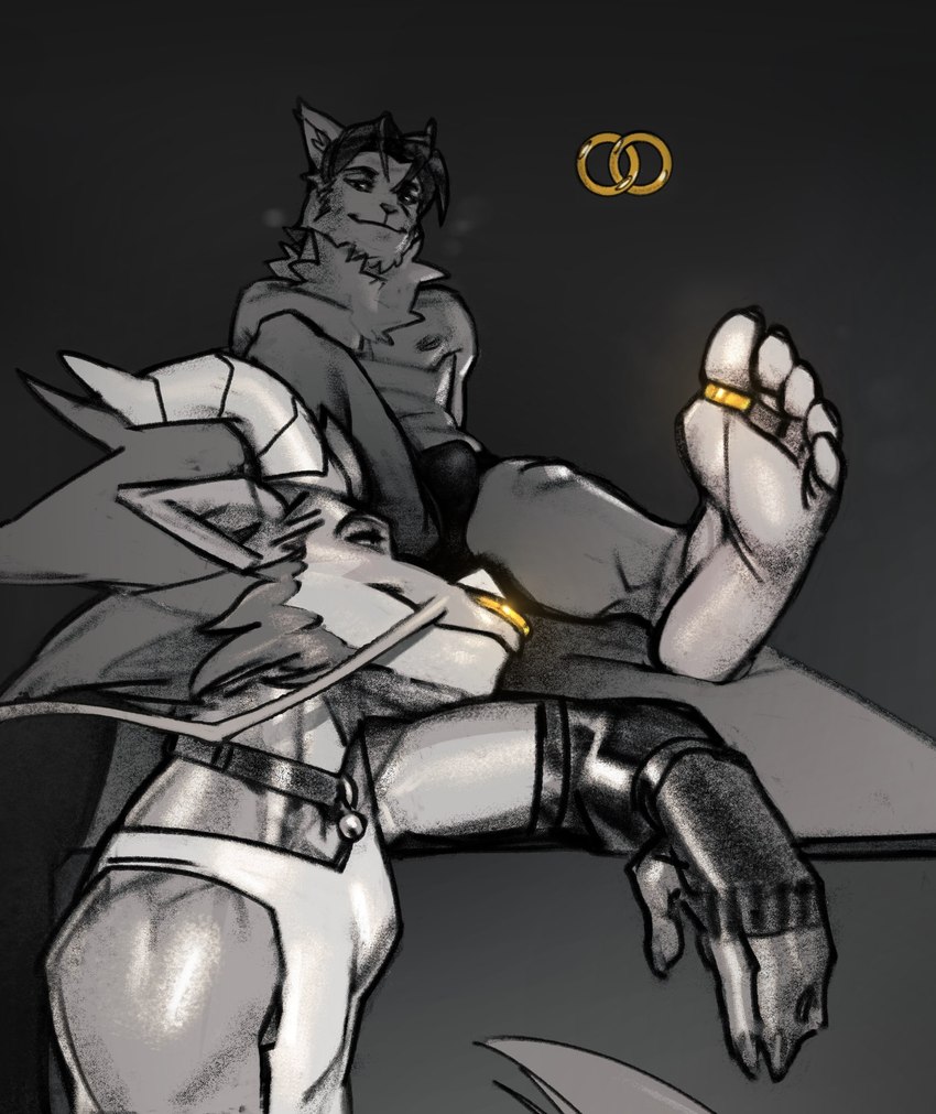 5_toes anthro athletic athletic_anthro athletic_dom athletic_male athletic_sub biped duo feet humanoid_feet looking_at_another looking_at_partner male male/male plantigrade toes grumpy_gray_guy mythology gorelion canid canine canis dragon mammal mythological_creature mythological_scalie scalie wolf 2024 greyscale hi_res monochrome